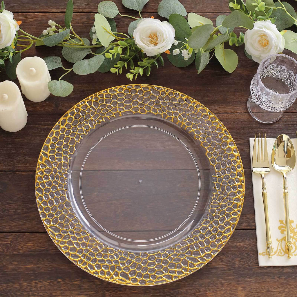 6-Pack Acrylic Charger Plates 13" Round Clear with Gold Hammered Rim - Decorative Plastic Charger Tableware